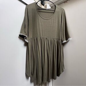 Olive Green Flowy Tunic Top with Pom Pom Trim